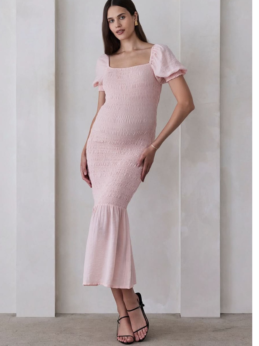 Bumpsuit Square Neck Pink Puff Sleeve Midi Dress Smocked Size Small Maternity‎